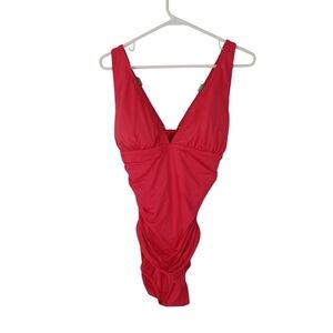 NWOT Carmen Marc Valvo V Neck Ruched Front One Piece Coral Pink Size 12